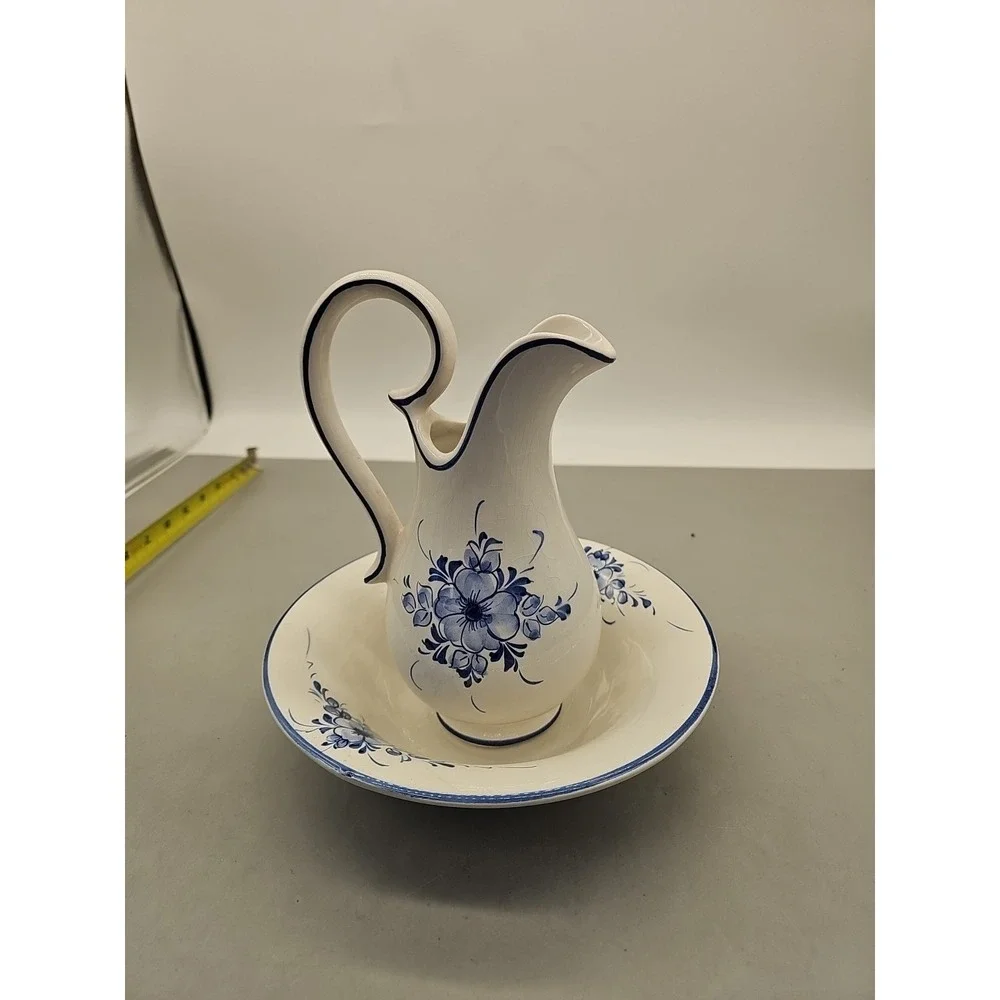 Loucart Portugal‎ Pitcher Bowl Set Blue Floral Vintage MCM